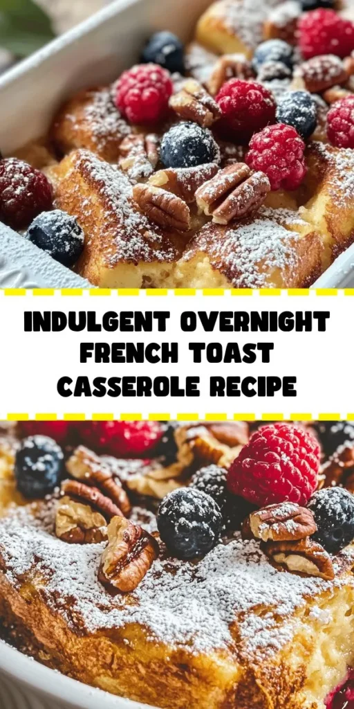 Wake up to a cozy and delicious Overnight French Toast Casserole! Perfect for brunches or special occasions, this recipe features day-old brioche or challah bread soaked in a rich custard made from eggs, milk, cream, and warm spices. Simply prepare the night before, refrigerate, then bake in the morning for a golden, indulgent treat. Serve it topped with maple syrup, chopped nuts, and fresh berries for a delightful finish. Easy, delicious, and perfect for sharing!