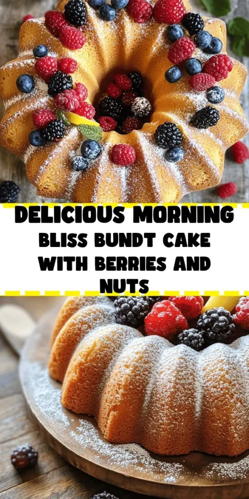 Start your day right with this delicious Morning Bliss Bundt Cake! This light and fluffy cake is packed with mixed berries, nuts, and a hint of lemon zest, making it a perfect treat for breakfast or brunch. Simple ingredients like butter, sugar, and buttermilk come together effortlessly, and the baking process fills your kitchen with a delightful aroma. Serve it warm or with a dusting of powdered sugar for an extra special touch. Enjoy a slice of bliss today!
