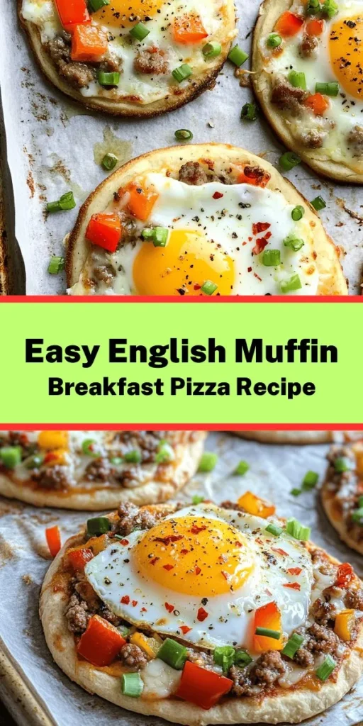 Start your day off right with this delicious English Muffin Breakfast Pizza! Perfectly crispy English muffins topped with sunny-side up eggs, gooey mozzarella, and your choice of protein create a flavor-packed breakfast. Add colorful bell peppers and green onions for an extra pop. This easy recipe takes just 20 minutes to prepare and bake. Customize it with your favorite toppings and enjoy a fun twist on your morning routine!
