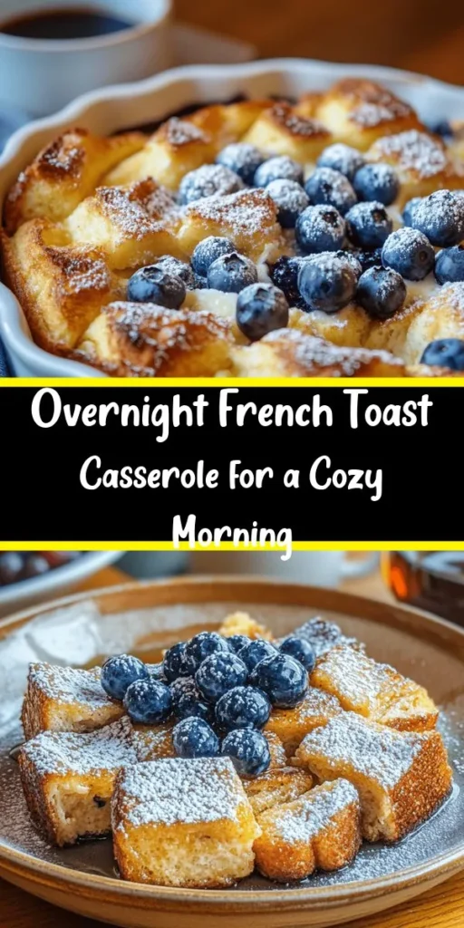 Indulge in a dreamy morning treat with this Overnight French Toast Casserole! Made with delicious challah or brioche bread, this easy recipe combines eggs, creamy milk, and warm spices, soaking overnight for unbeatable flavor. Just bake it in the morning, and you'll have a fluffy, golden delight ready to impress for brunch. Top with fresh blueberries, a dusting of powdered sugar, and drizzle with maple syrup for a cozy breakfast experience your family will love!