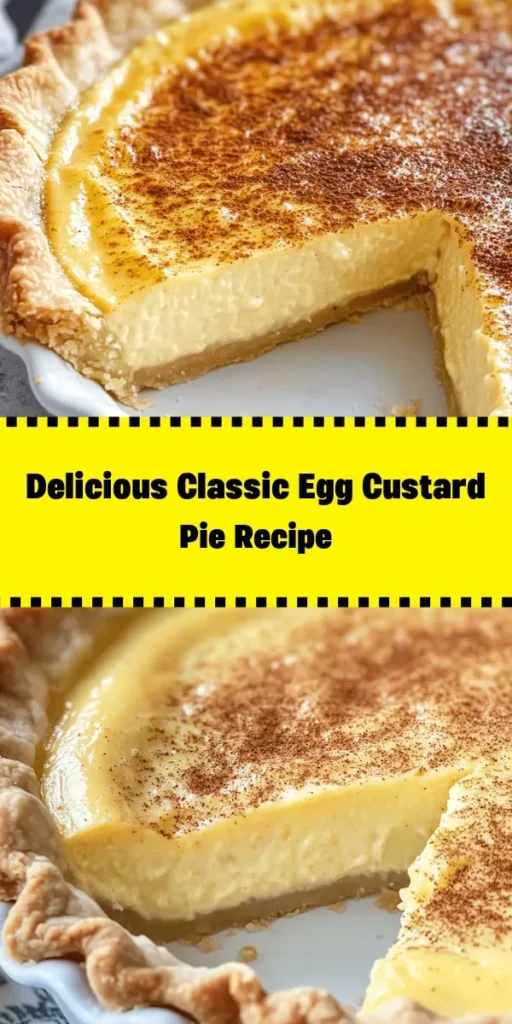 Indulge in the timeless delight of Classic Egg Custard Pie! This creamy dessert features a rich custard made from whole milk, eggs, sugar, and a hint of nutmeg, all nestled in a buttery pie crust. With just a few simple steps, you can create a delicious treat that’s perfect for any occasion. Bake until golden and serve chilled or at room temperature, sprinkled with nutmeg for that extra touch. Your friends and family will love this sweet classic!