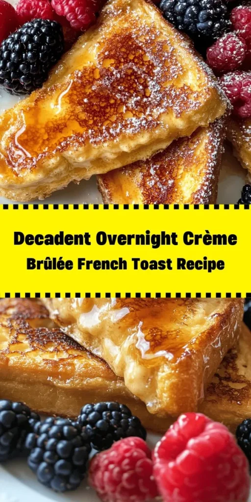 Indulge in the deliciousness of Overnight Crème Brûlée French Toast! This recipe features thick slices of brioche soaked in a creamy custard made with eggs, milk, and vanilla, then baked to perfection. With a crispy caramelized sugar topping, it's a stunning brunch dish that’s sure to impress. Prep it the night before for an effortless morning treat. Garnish with fresh berries for that extra flair! Perfect for gatherings or a cozy weekend breakfast.