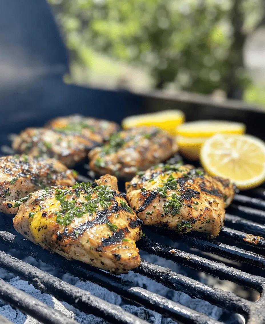 Grilled chicken is a staple in cuisines around the world, celebrated for its versatility, ease of preparation, and mouthwatering flavor. Whether enjoyed in a backyard barbecue, as part of a picnic feast, or simply as a weeknight dinner, grilled chicken can adapt to various flavor profiles, making it a favorite among home cooks and chefs alike. Among the myriad ways to prepare this beloved dish, <strong>Zesty Lemon Herb Grilled Chicken</strong> stands out as a fresh and vibrant option that perfectly encapsulates the essence of summer grilling.” /></p>
</p>
<h3>Suggested Marination Times for Optimal Taste</h3>
</p>
<p>To achieve the best flavor from your Zesty Lemon Herb Grilled Chicken, marination is crucial. A longer marination time allows the chicken to soak up all the vibrant flavors of the marinade, resulting in juicy, flavorful meat. Here are some recommended marination times:</p>
</p>
<p>– <strong>Minimum Marination</strong>: For those in a hurry, a minimum of 30 minutes will impart a decent amount of flavor. Make sure to coat the chicken thoroughly in the marinade.</p>
<p>– <strong>Optimal Marination</strong>: The sweet spot for marination is about 2 to 4 hours. This timeframe allows the acidic components of the lemon juice to tenderize the chicken while infusing it with the zesty flavors of the herbs.</p>
<p>– <strong>Maximum Marination</strong>: If you want to maximize flavor, marinating overnight is an excellent option. However, be cautious of marinating for more than 24 hours, especially if using a highly acidic marinade, as this can lead to a mushy texture.</p>
</p>
<h3>Grilling Techniques for Perfect Chicken</h3>
</p>
<p>Grilling chicken can seem intimidating, but with the right techniques, you can achieve perfectly grilled chicken every time. Here’s how:</p>
</p>
<h4>Prepping the Grill</h4>
</p>
<p>1. <strong>Temperature Control</strong>: Preheat your grill to medium-high heat, which is about 375°F to 450°F. This temperature allows for a nice sear while ensuring the chicken cooks through evenly.</p>
<p>2. <strong>Oiling the Grates</strong>: Prevent sticking by oiling the grill grates. You can use a paper towel soaked in vegetable oil, held with tongs, to wipe down the grates. This step is essential for easy flipping and clean removal of the chicken.</p>
</p>
<h4>Ensuring Even Cooking and Achieving Grill Marks</h4>
</p>
<p>– <strong>Space Out the Chicken</strong>: Avoid overcrowding the grill. Leave enough space between each piece of chicken to ensure even cooking and to allow the heat to circulate.</p>
<p>– <strong>Don’t Flip Too Soon</strong>: Allow the chicken to cook undisturbed for about 5-7 minutes on one side. This will help develop those beautiful grill marks and prevent the chicken from sticking.</p>
<p>– <strong>Rotate for Grill Marks</strong>: If you want those classic crosshatch grill marks, give the chicken a quarter turn midway through cooking on each side.</p>
</p>
<h4>Checking for Doneness</h4>
</p>
<p>– <strong>Internal Temperature</strong>: The safest way to determine if chicken is done is to use a meat thermometer. Insert it into the thickest part of the chicken; it should read 165°F.</p>
<p>– <strong>Visual Cues</strong>: Aside from checking the temperature, look for clear juices running from the chicken when pierced. If the juices run pink, the chicken needs more time.</p>
</p>
<h3>Serving Suggestions</h3>
</p>
<p>After grilling your Zesty Lemon Herb Chicken to perfection, consider these serving suggestions to complement and elevate the dish:</p>
</p>
<h4>Side Dishes</h4>
</p>
<p>– <strong>Grilled Vegetables</strong>: A medley of seasonal vegetables like zucchini, bell peppers, and asparagus drizzled with olive oil and herbs can enhance your meal’s freshness.</p>
<p>– <strong>Quinoa Salad</strong>: A light quinoa salad with cherry tomatoes, cucumber, and a lemon vinaigrette pairs beautifully with grilled chicken.</p>
<p>– <strong>Garlic Mashed Potatoes</strong>: Creamy garlic mashed potatoes provide a comforting contrast to the zesty chicken.</p>
</p>
<h4>Sauces or Toppings</h4>
</p>
<p>– <strong>Chimichurri Sauce</strong>: This herbaceous sauce made from parsley, garlic, vinegar, and olive oil is a fantastic complement to grilled chicken, adding a fresh, tangy kick.</p>
<p>– <strong>Lemon Butter Sauce</strong>: Drizzle melted butter infused with lemon juice and fresh herbs over the chicken for an indulgent touch.</p>
<p>– <strong>Salsa Verde</strong>: A bright, tangy salsa verde can also elevate the flavor profile of your chicken, adding an exciting layer of taste.</p>
</p>
<h4>Presentation Tips</h4>
</p>
<p>– <strong>Plating</strong>: For an elegant presentation, slice the chicken and arrange it on a platter. Garnish with fresh herbs and lemon wedges to enhance visual appeal.</p>
<p>– <strong>Serving Style</strong>: Consider serving the chicken on a wooden cutting board for a rustic look, or use a white plate to make the colors pop.</p>
</p>
<h3>Nutritional Information</h3>
</p>
<p>Understanding the nutritional value of your meals is essential for maintaining a balanced diet. Here’s the breakdown for one serving of Zesty Lemon Herb Grilled Chicken (assuming a 6 oz chicken breast):</p>
</p>
<p>– <strong>Calories</strong>: Approximately 280 calories</p>
<p>– <strong>Protein</strong>: 35g</p>
<p>– <strong>Fat</strong>: 12g (with healthy fats from olive oil)</p>
<p>– <strong>Carbohydrates</strong>: 2g</p>
<p>– <strong>Fiber</strong>: 0g</p>
<p>– <strong>Sodium</strong>: 300mg (if using salt in the marinade)</p>
</p>
<p>This dish is a fantastic source of lean protein, making it an excellent choice for those looking to maintain or build muscle. The addition of fresh herbs and lemon juice not only adds flavor but also contributes vitamins and antioxidants, making it a wholesome meal option.</p>
</p>
<h3>Variations on the Recipe</h3>
</p>
<p>One of the beauties of the Zesty Lemon Herb Grilled Chicken recipe is its adaptability. Here are some variations to suit different tastes and dietary needs:</p>
</p>
<h4>Alternative Ingredients</h4>
</p>
<p>– <strong>Vegetarian Option</strong>: Substitute chicken with hearty vegetables like portobello mushrooms, zucchini, or eggplant. Marinate and grill until tender for a delicious plant-based dish.</p>
<p>– <strong>Different Proteins</strong>: You can also use shrimp or fish, such as salmon, for a different flavor profile while retaining the zesty marinade.</p>
</p>
<h4>Flavor Variations</h4>
</p>
<p>– <strong>Spice It Up</strong>: For those who enjoy a kick, add red pepper flakes or cayenne pepper to the marinade for some heat.</p>
<p>– <strong>Herb Swaps</strong>: Experiment with different herbs such as rosemary, tarragon, or cilantro to customize the flavor to your liking.</p>
</p>
<h4>Alternative Cooking Methods</h4>
</p>
<p>– <strong>Oven-Baking</strong>: If grilling isn’t an option, you can bake the marinated chicken at 400°F for about 25-30 minutes, or until the internal temperature reaches 165°F.</p>
<p>– <strong>Stovetop Cooking</strong>: Use a grill pan on the stove to achieve similar grill marks and flavor if you don’t have outdoor grilling facilities.</p>
</p>
<h3>Conclusion</h3>
</p>
<p>Zesty Lemon Herb Grilled Chicken is not just a meal; it’s an experience that brings fresh, vibrant flavors to your table. With its bright citrus notes and fragrant herbs, this dish is a delightful way to enjoy chicken while adhering to healthy eating practices.</p>
</p>
<p>Not only does this recipe fit seamlessly into a balanced diet, but it also highlights the joys of grilling and the versatility of chicken as a protein option. Whether you’re hosting a backyard barbecue or simply enjoying a weeknight dinner, this grilled chicken will undoubtedly impress.</p>
</p>
<p>We encourage you to try this recipe for a fresh, flavorful meal that’s sure to please. Embrace the art of grilling and savor the delicious results of your culinary efforts. Enjoy the process, and happy grilling!</p>
<div id=