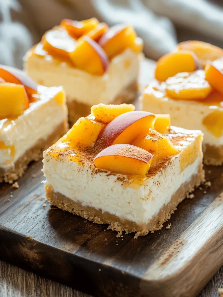 In the world of desserts, few things can rival the delightful combination of peaches and cream. These Peaches and Cream Cheesecake Bars offer a luscious blend of rich cream cheese and fresh, fruity peaches, making them the perfect treat for warm weather gatherings or a cozy night in. As summer rolls in and fresh peaches come into season, there's no better time to indulge in this sweet and creamy dessert that encapsulates the essence of the season. The smooth, velvety texture of the cheesecake pairs beautifully with the juicy sweetness of ripe peaches, creating a harmonious balance that will have your taste buds singing.