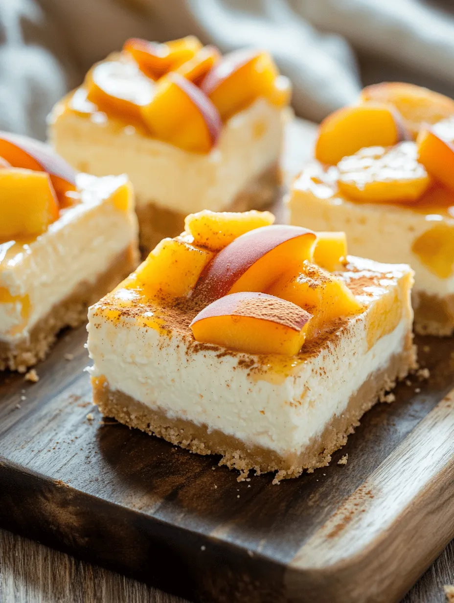 In the world of desserts, few things can rival the delightful combination of peaches and cream. These Peaches and Cream Cheesecake Bars offer a luscious blend of rich cream cheese and fresh, fruity peaches, making them the perfect treat for warm weather gatherings or a cozy night in. As summer rolls in and fresh peaches come into season, there's no better time to indulge in this sweet and creamy dessert that encapsulates the essence of the season. The smooth, velvety texture of the cheesecake pairs beautifully with the juicy sweetness of ripe peaches, creating a harmonious balance that will have your taste buds singing.