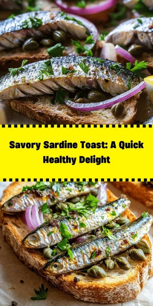 Indulge in a delicious and nutritious snack with Savory Sardines on Whole Grain Toast! This quick recipe takes just 15 minutes to prepare and is perfect for a light meal or appetizer. Featuring flavorful sardines, a zesty garlic-lemon dressing, and topped with capers and red onion, this dish is not only satisfying but also packed with omega-3s. Perfect for health enthusiasts or anyone looking to enjoy a tasty treat. Try it today!