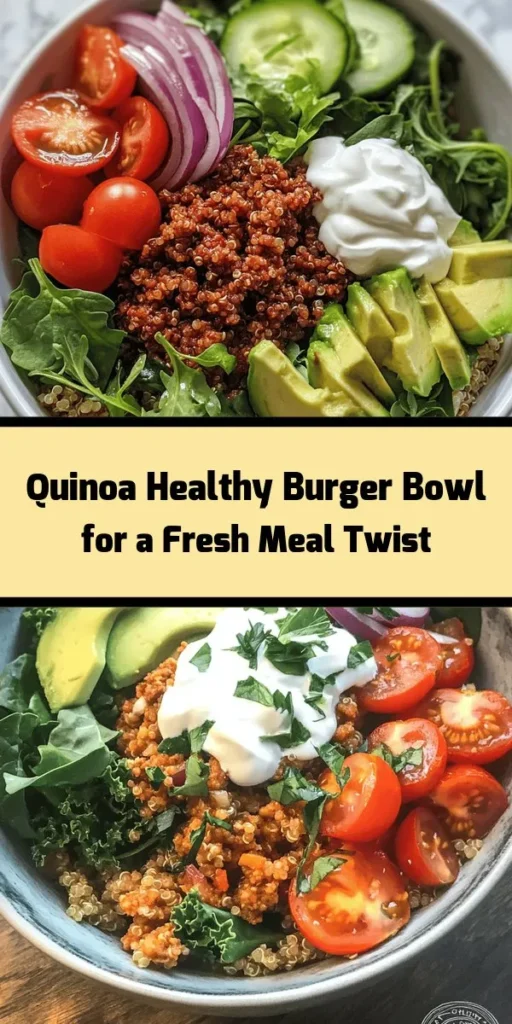 Savor a delicious twist on a classic favorite with this Healthy Burger in a Bowl recipe! Packed with protein from quinoa and lean ground turkey or plant-based meat, this colorful bowl is loaded with fresh greens, cherry tomatoes, avocado, and crunchy pickles. Drizzle with creamy Greek yogurt or vegan sour cream for the perfect finishing touch. Great for meal prep, these bowls keep well for up to two days—ideal for healthy eating on the go!