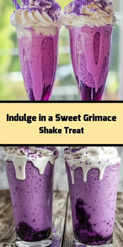 Indulge in a fun and colorful treat with this Grimace Shake Delight! Blend creamy vanilla ice cream, whole milk, and fruity blackberry syrup for a deliciously rich shake. Top it off with whipped cream, sparkling edible glitter, and playful purple sprinkles for a festive touch. Perfect for parties or just a sweet treat at home. Whip it up in just 10 minutes and enjoy this delightful concoction with a straw. Cheers to vibrant flavors!
