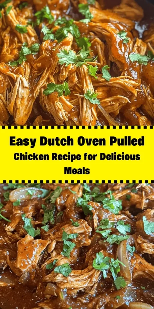 Discover the ultimate comfort food with this Savory Dutch Oven Pulled Chicken recipe! Perfectly seasoned and tender, this dish combines juicy chicken breasts with a mouthwatering blend of barbecue sauce, garlic, and spices. It's easy to make and perfect for serving on hamburger buns or tortillas. Enjoy within an hour for a delicious meal that's sure to please the whole family. Don't forget to garnish with fresh cilantro for an extra touch of flavor!