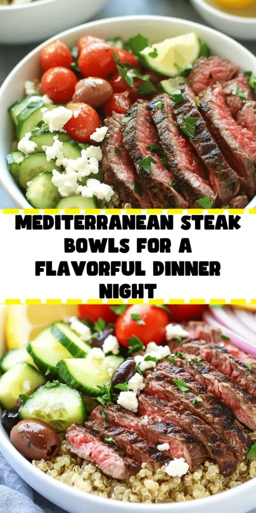 Create a delicious Mediterranean feast with these flavorful Steak Bowls! Featuring tender marinated flank steak, fluffy quinoa, and a vibrant mix of cherry tomatoes, cucumbers, red onions, and Kalamata olives, this dish is a burst of flavor in every bite. Topped with crumbled feta and fresh parsley, it’s perfect for a healthy weeknight dinner or meal prep. Pair with lemon wedges for extra zest. Enjoy exquisite Mediterranean flavors right at home!