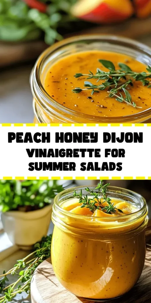 Elevate your salads with this delightful Peach Honey Dijon Balsamic Vinaigrette! Made with ripe peach, sweet honey, and tangy Dijon mustard, this dressing is both creamy and refreshing. Just blend the ingredients, let the flavors meld, and enjoy over salads or as a marinade for grilled meats. With a prep time of just 10 minutes, you can whip this up quickly. Add a touch of fresh thyme for an aromatic finish! Perfect for summer gatherings.