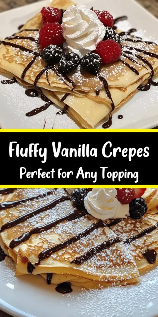 Indulge in the light and airy goodness of delicate vanilla crepes! This simple recipe combines all-purpose flour, eggs, milk, sugar, and a hint of vanilla for a delightful treat. Perfect for breakfast or dessert, these crepes can be topped with fresh fruit, whipped cream, or chocolate sauce. Easy to make in just an hour, they’re a delicious way to impress your family and friends. Dive into this culinary adventure and enjoy!