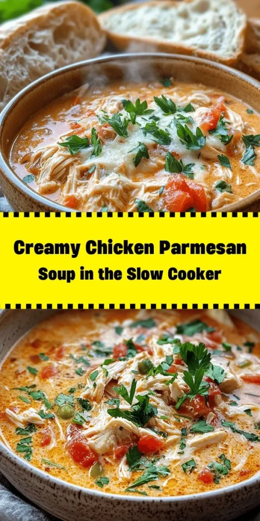 Warm up with this creamy and comforting Chicken Parmesan Crock Pot Soup! Made with tender chicken breasts, rich cream cheese, and savory Parmesan, this delightful dish is a breeze to prepare. Just throw everything in the crock pot, and let it simmer to perfection. With added Italian-style veggies and finished with fresh parsley, it’s perfect for serving with pasta or crusty bread. Quick prep, rich flavors, and the ultimate comfort food for any day!