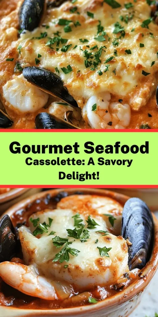 Indulge in this Gourmet Seafood Cassolette, a delightful blend of shrimp, scallops, mussels, and white fish baked to perfection in a creamy, flavorful sauce. With a touch of garlic, fresh herbs, and topped with melted Gruyère cheese, this dish is perfect for impressing guests or enjoying a cozy night in. Ready in just 40 minutes, it's a seafood lover's dream come true! Dive into this delicious recipe today and elevate your dining experience.