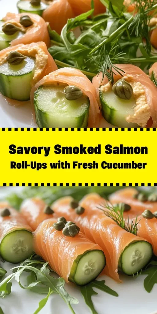 Discover these delicious smoked salmon roll-ups with cucumber and hummus, perfect for a quick snack or elegant appetizer! In just 15 minutes, you can create bite-sized treats that are not only visually appealing but also packed with flavor. With fresh dill, capers, and a hint of lemon, each roll is a burst of freshness. Garnish with arugula for an added touch and enjoy this healthy, satisfying recipe that everyone will love!