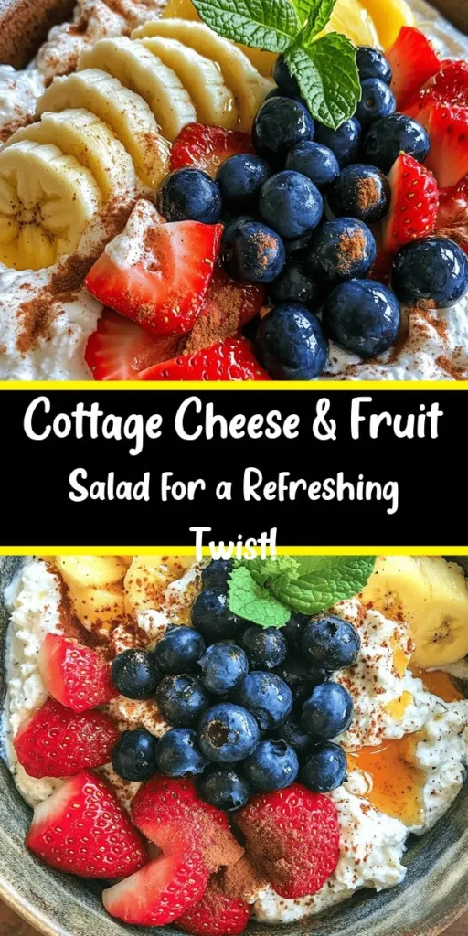 Brighten your day with this delicious Cottage Cheese & Fruit Fiesta Salad! Packed with wholesome ingredients like creamy cottage cheese, fresh strawberries, juicy pineapple, and sweet banana, this salad is a fruity explosion in every bite. Perfect as a quick breakfast or a refreshing snack, this easy recipe takes just 15 minutes to prepare. Drizzle with honey or maple syrup, and don’t forget the mint garnish for a pop of freshness. Enjoy this healthy treat!