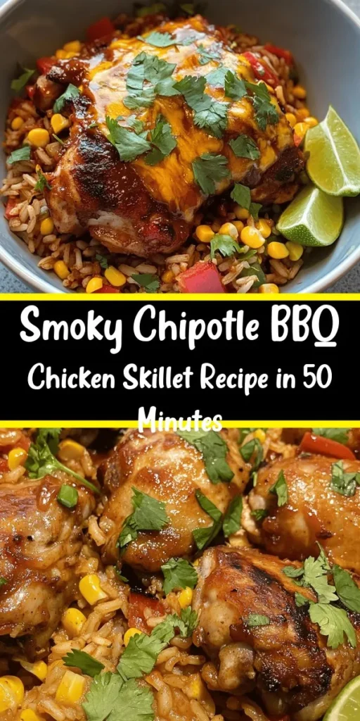 Bring bold flavors to your dinner table with this Smoky Chipotle BBQ Chicken and Rice Skillet! It's a one-pan wonder featuring tender chicken thighs, brown rice, and a zesty BBQ sauce, all infused with smoky chipotle heat. Loaded with colorful veggies and topped with melted cheese, this dish is sure to please everyone. Easy to make and perfect for busy weeknights, serve it with fresh cilantro and lime wedges for a delicious finish!