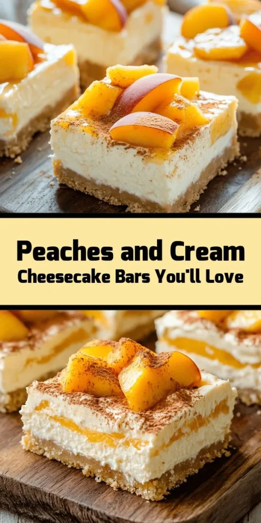 Indulge in the deliciousness of Peaches and Cream Cheesecake Bars! This easy recipe features a buttery graham cracker crust topped with a creamy cheesecake filling and fresh peaches for a perfect summer treat. With notes of vanilla and cinnamon, each bite is bursting with flavor. Just bake, chill, and slice for a delightful dessert that’s sure to impress your family and friends. Ideal for parties or a cozy evening at home! Don't miss out on this refreshing delight!