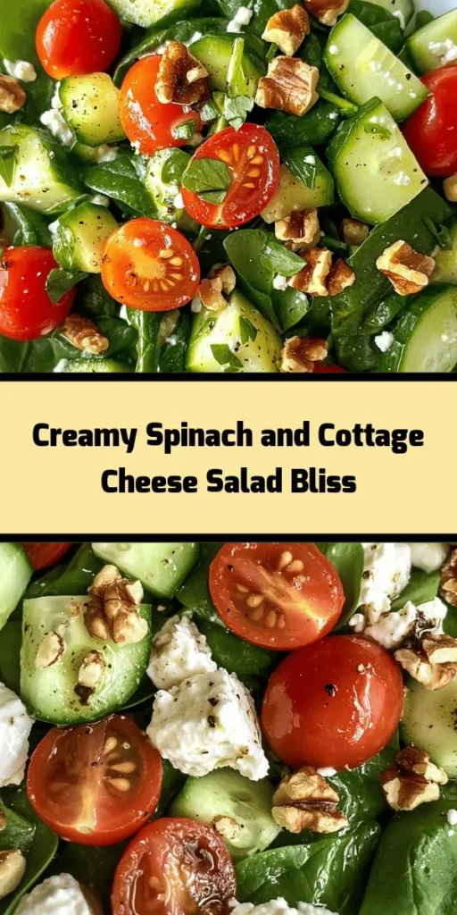 Discover the perfect blend of flavors in this Creamy Cottage Cheese & Spinach Delight! This quick and healthy salad combines fresh spinach, creamy cottage cheese, and crunchy veggies like cherry tomatoes, cucumbers, and red onion. Toss it all together with a simple olive oil and balsamic dressing, and top with walnuts for a satisfying crunch. Ready in just 10 minutes, this delightful dish is perfect for a nutritious lunch or light dinner. Enjoy fresh herbs as your final touch!