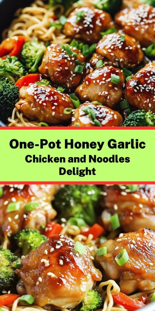 Indulge in the deliciousness of this One-Pot Honey Garlic Chicken & Noodles! This easy recipe combines tender chicken thighs, flavorful egg noodles, and vibrant veggies all coated in a sweet and savory honey garlic sauce. Perfect for busy weeknight dinners, it's ready in just 30 minutes with minimal cleanup! Garnish with green onions and sesame seeds for an extra touch. Your family will love this comforting dish packed with flavor and nutrients!