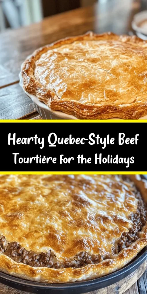 Bring a taste of tradition to your holiday table with this Quebec-style beef tourtière! This hearty pie features a flaky crust filled with a savory mix of ground beef, pork, and aromatic spices, combined with tender potatoes. Perfect for festive gatherings, this dish is both comforting and delicious. Follow the simple steps to create a beautiful, golden-brown pie that serves eight. Slice it up warm or at room temperature and enjoy the festive flavors!