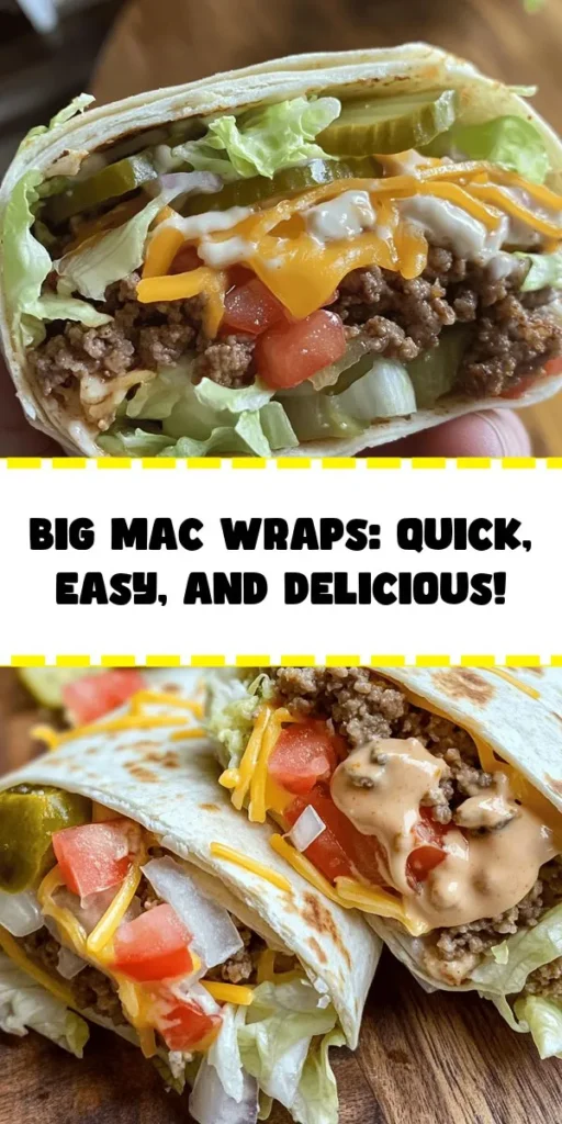 Try these delicious Big Mac Wraps for a fun twist on your favorite fast food! Made with seasoned ground beef, crunchy lettuce, juicy tomatoes, tangy pickles, and creamy sauce, these wraps are perfect for a quick lunch or dinner. Assembly is a breeze—simply layer your ingredients in a tortilla, roll it up, and enjoy! With only 30 minutes of prep time, this recipe serves 4 and is sure to be a hit with the whole family.