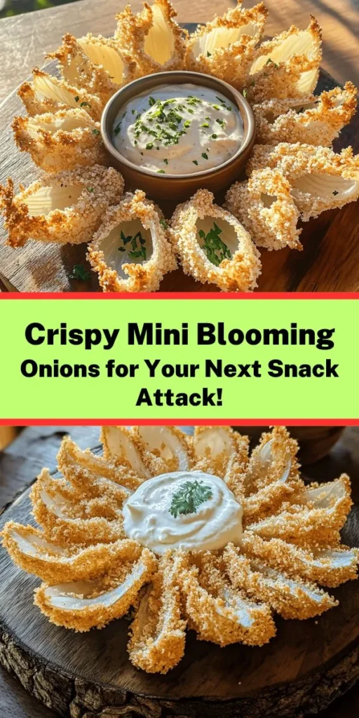 Looking for a fun and tasty appetizer? Try these Crispy Mini Blooming Onions! Perfectly seasoned and air-fried to golden perfection, they make a delightful addition to any gathering. Made with sweet onions, panko breadcrumbs, and a blend of spices, these bite-sized treats are crispy on the outside and tender on the inside. Serve them with your favorite dipping sauce for a crowd-pleaser that everyone will love! Enjoy this easy recipe in just 45 minutes.