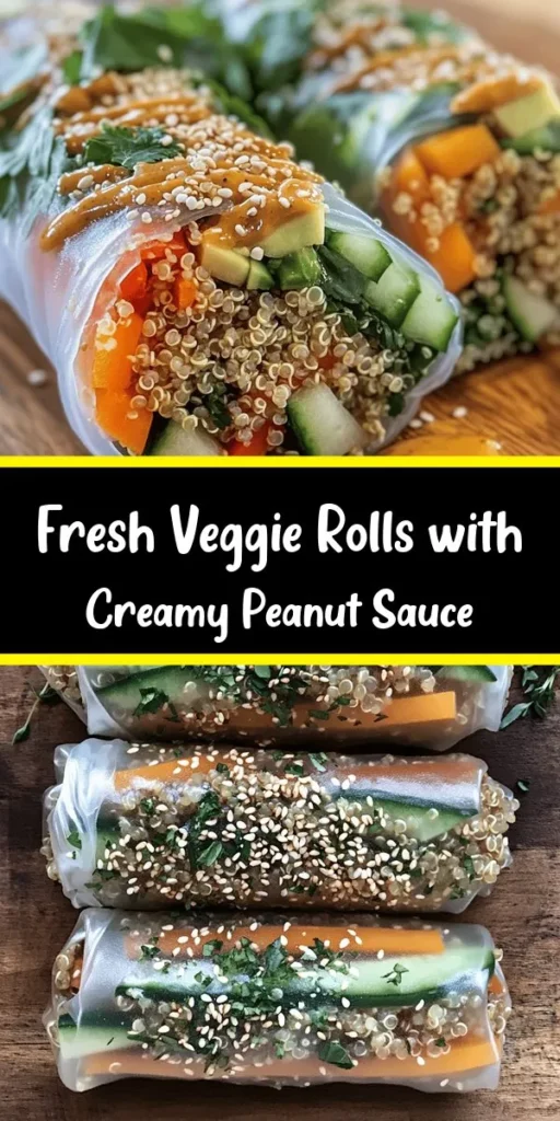 Discover the perfect blend of fresh flavors with these Hearty Veggie Rolls paired with a luscious peanut sauce. These vibrant rolls are filled with quinoa, colorful veggies, and creamy avocado, making them a healthy snack or light meal. Enjoy the crunchy and refreshing bite, and take your taste buds on a journey with our tangy homemade peanut sauce. Easy to make, bursting with nutrition, and perfect for meal prep, these rolls are a delightful addition to your recipe collection!