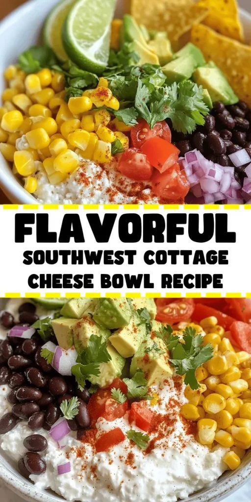 Looking for a tasty and nutritious meal? Try this vibrant Southwest Cottage Cheese Bowl! In just 10 minutes, mix cottage cheese with black beans, corn, fresh veggies, and spices for a protein-packed dish. Customize it with your favorite toppings like avocado, tortilla chips, or Greek yogurt for added flavor. Perfect for a quick lunch or dinner, this colorful bowl is both satisfying and easy to make. Enjoy fresh or store for later!