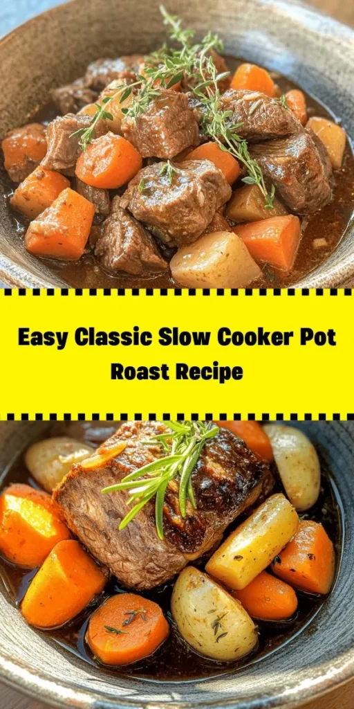 Indulge in the rich flavors of this Classic Slow Cooker Pot Roast! This comforting dish features a succulent boneless chuck roast that's seared to perfection and cooked slowly with carrots, potatoes, and onions. Infused with garlic, herbs, and a savory beef broth, it's an easy, hearty meal that feeds the whole family. Perfect for busy days, let your slow cooker work its magic while you enjoy the aroma filling your home. Don't forget the thickened gravy for the ultimate comfort food experience!
