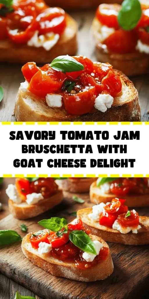 Elevate your appetizer game with this delicious Tomato Jam Bruschetta! Featuring sweet cherry tomatoes, zesty red onion, and fragrant thyme simmered to perfection, this easy recipe is a crowd-pleaser. Spread creamy goat cheese on crispy baguette slices, top with the homemade tomato jam, and finish with fresh basil and a drizzle of olive oil. Perfect for parties or a cozy night in. Enjoy the delightful burst of flavors!