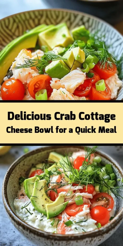 Whip up a delicious and nutritious Crab Cottage Cheese Bowl in just 10 minutes! This easy recipe combines creamy cottage cheese with fresh lump crab meat, diced avocado, and vibrant cherry tomatoes. Toss in some green onions and dill for extra flavor, and finish with a squeeze of lemon juice. Perfect as a light lunch or healthy snack, this bowl is packed with protein and flavor. Top it off with capers or microgreens for a fancy touch!