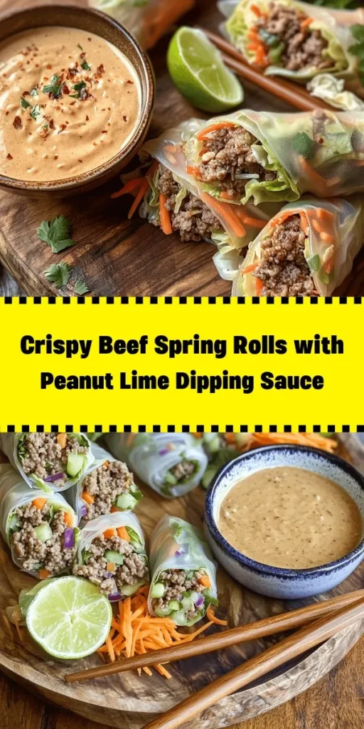 Delight in the crispy perfection of these Beef Spring Rolls, packed with savory ground beef, fresh veggies, and a touch of zesty flavors. Paired with a creamy Peanut Lime Sauce, this recipe is perfect for appetizers, snacks, or party delights. With just a few ingredients and easy steps, you'll have a delicious dish ready in no time. Fry them to golden perfection for a tasty treat everyone will love! Enjoy this fun and flavorful culinary adventure!