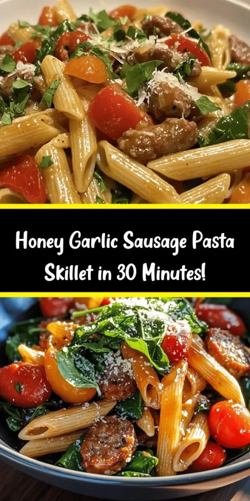 Get ready to indulge in a delicious Sticky Honey Garlic Sausage Pasta Skillet! This quick and easy recipe features tender penne pasta tossed with flavorful Italian sausage, sautéed garlic, and a sweet-savory sauce made from honey and soy sauce. Packed with cherry tomatoes, bell peppers, and fresh spinach, it’s not just tasty but also colorful and nutritious. Perfect for a weeknight dinner, this meal can be garnished with parsley and Parmesan for an extra touch. Enjoy a comforting dish that’s ready in just 30 minutes!