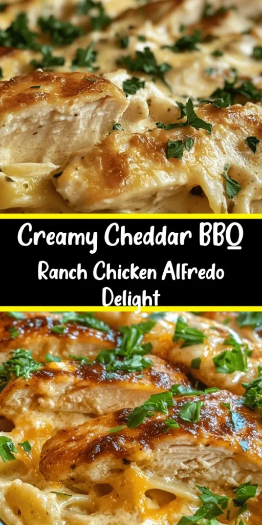 Indulge in the rich and creamy flavors of Creamy Cheddar BBQ Ranch Chicken Alfredo! This delicious pasta dish combines tender chicken breasts with a savory barbecue and ranch-infused sauce, all enveloped in melted cheddar. With just 40 minutes of prep and cook time, it's quick enough for a weeknight dinner yet impressive enough for guests. Perfectly paired with fettuccine pasta and topped with fresh parsley, this meal is sure to be a family favorite.