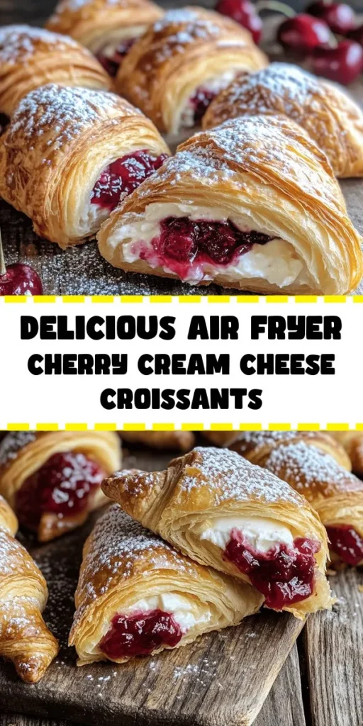 Indulge in the delightful taste of Air Fryer Cherry Cream Cheese Croissants! These easy-to-make pastries combine a creamy filling of softened cream cheese, powdered sugar, and vanilla with a sweet cherry pie topping, all wrapped in flaky crescent roll dough. Perfect for breakfast or dessert, these golden-brown treats are air-fried to perfection in just 25 minutes. Dust with powdered sugar before serving for an extra touch of sweetness! Try this irresistible recipe today!
