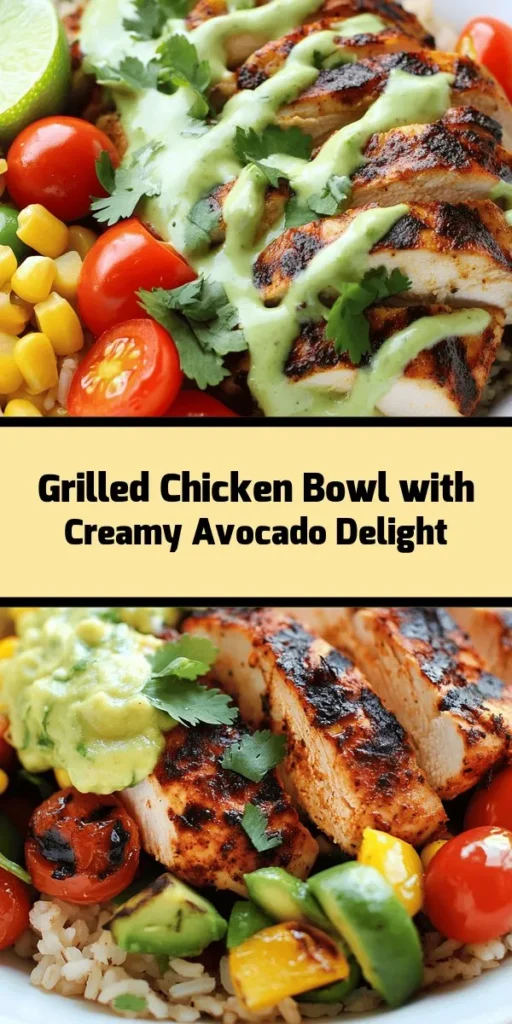 Create a vibrant and satisfying meal with this Grilled Chicken Bowl featuring a creamy avocado sauce and colorful veggies. Perfect for lunch or dinner, this recipe combines marinated grilled chicken, sautéed cherry tomatoes, bell peppers, corn, and black beans, all served over a base of brown rice or quinoa. Drizzle with a luscious avocado sauce, garnish with fresh cilantro, and enjoy a burst of flavor with every bite. A healthy and delicious option for everyone!