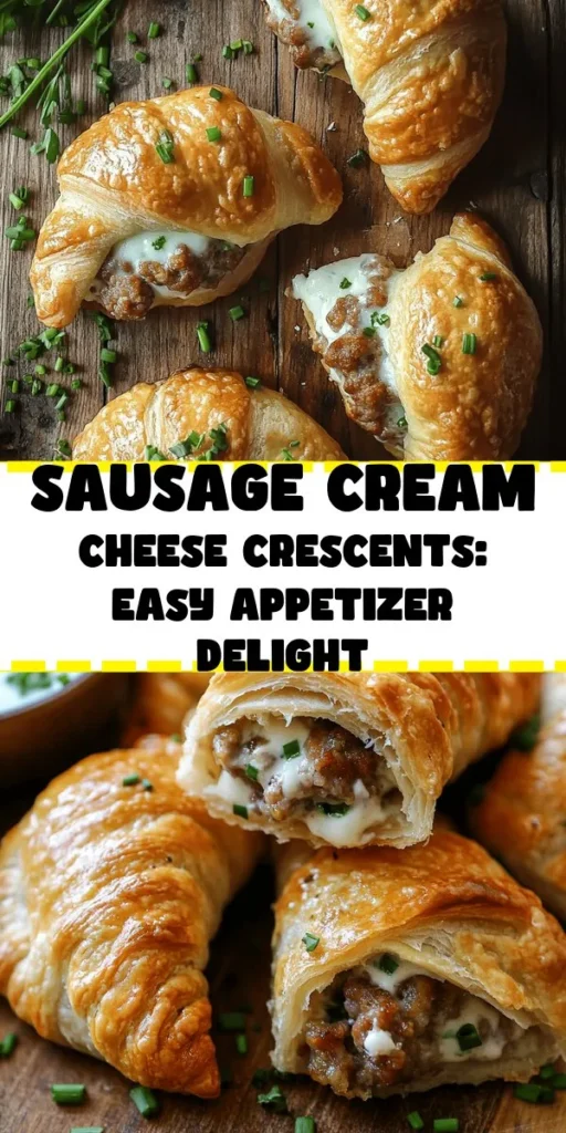 Looking for a mouthwatering appetizer? Try these Savory Sausage Cream Cheese Crescents! With a delightful filling of Italian sausage, cream cheese, and optional cheddar, these golden crescents are bursting with flavor. Perfect for parties or as a cozy snack, they come together quickly in just 30 minutes. Simply roll, bake, and enjoy! Your guests will love the warm, cheesy goodness. Get creative and add fresh chives for an extra touch!