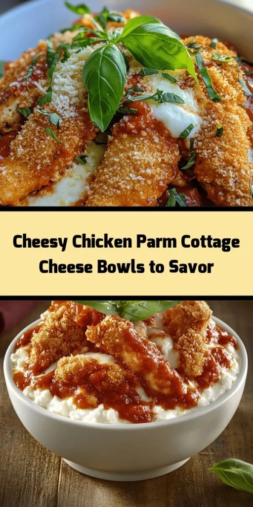 Indulge in a delicious twist on chicken Parmesan with this Cheesy Chicken Parm Cottage Cheese Bowl! Packed with flavor and protein, it features crispy baked chicken, creamy cottage cheese, and rich marinara sauce all topped with gooey mozzarella. Perfect for a satisfying dinner or meal prep, this recipe is quick to prepare and sure to impress. Complete with fresh basil for a touch of freshness, this hearty dish is a must-try!
