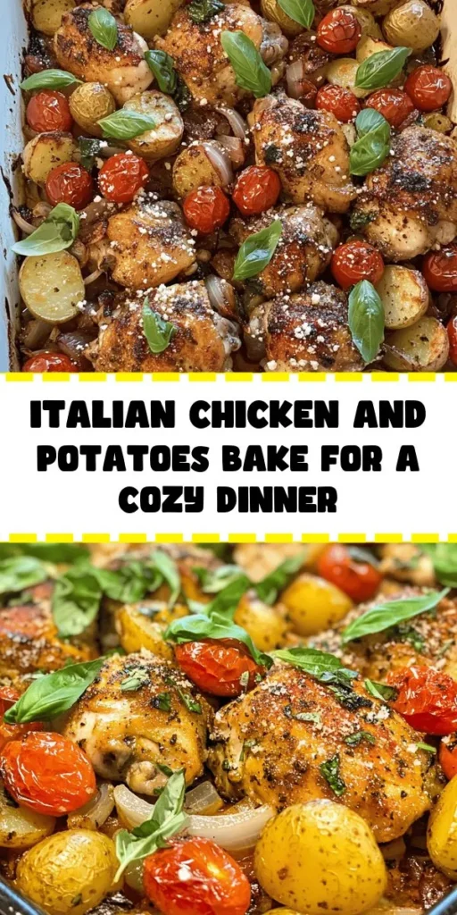 Discover the ultimate comfort food with this Savory Italian Chicken and Potatoes Bake! Perfect for busy weeknights, this one-pan dish combines tender chicken thighs, baby potatoes, cherry tomatoes, and onions, all coated in a delicious olive oil and garlic marinade. Bake to perfection in just 30-35 minutes, and enjoy a meal that’s not only easy to make but also bursting with Italian flavors. Finish it off with fresh basil and optional Parmesan for a delightful touch!