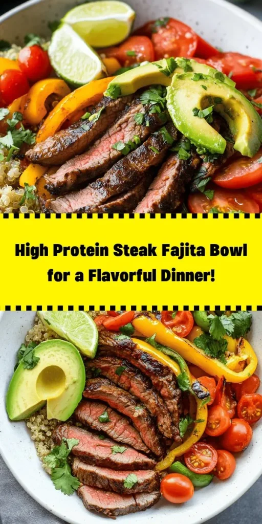 Discover the perfect meal with this Sizzling High Protein Steak Fajita Bowl! Packed with flavor and nutrients, this dish features marinated flank steak, sautéed bell peppers, and onions, all served over a hearty base of quinoa or brown rice. Top it off with black beans, fresh avocado, cherry tomatoes, and a sprinkle of cilantro for a colorful, tasty bowl. Perfect for a quick weeknight dinner that's both satisfying and healthy! Enjoy with lime and salsa for extra zest.
