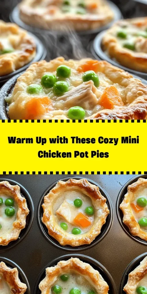 These Cozy Mini Chicken Pot Pies are the perfect comfort food! Packed with tender chicken, peas, and carrots, all wrapped in a flaky crust, they're sure to warm your heart. Easy to make, they're perfect for family dinners or gatherings. Simply sauté onions and garlic, create a creamy filling, and assemble in muffin tins for individual servings. Bake until golden, and enjoy this delicious, homemade treat that brings a smile to everyone's face!