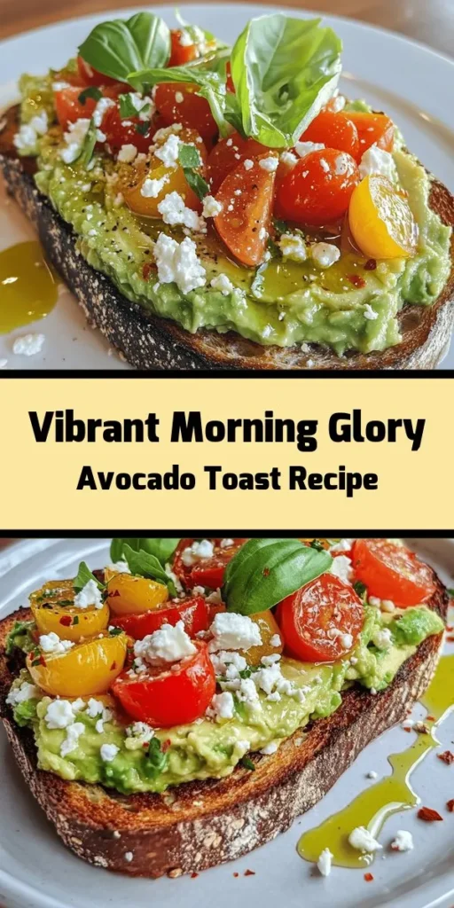 Start your day with this vibrant Morning Glory Avocado Toast. This delicious recipe features creamy avocados on toasted whole-grain bread, topped with fresh cherry tomatoes, crumbled feta, and aromatic basil. With a hint of lemon and optional red pepper flakes for a kick, this breakfast is not only easy to make but also healthy and satisfying. Perfect for a quick morning meal or brunch with friends! Try it today!