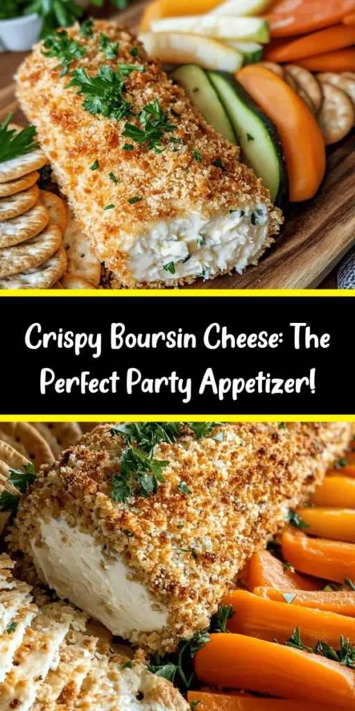 Looking for a delicious and impressive appetizer? Try this Crispy Baked Boursin Delight! Made with creamy Boursin cheese coated in a crunchy panko and Parmesan mix, it's bursting with flavor from garlic and Italian herbs. Bake until golden brown, then serve warm with fresh veggies or crackers for a delightful dip. Perfect for gatherings or cozy nights in! Easy to make and sure to impress your guests. Enjoy every cheesy bite!