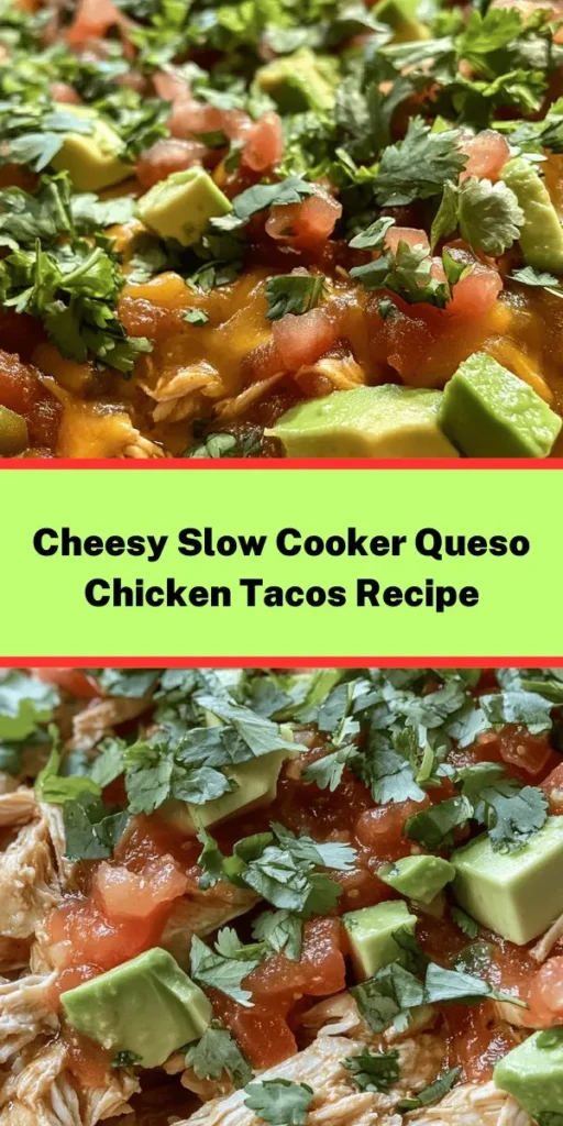 Dive into a world of flavor with these Slow Cooker Queso Chicken Tacos! Perfect for busy days, this easy recipe features tender shredded chicken cooked in salsa, tomatoes, and taco seasoning, all brought together with cream cheese for that creamy goodness. Just let it cook and then serve it in warm tortillas topped with your favorites like avocado and cilantro. A delicious dinner option that feeds a crowd and satisfies every taco lover!