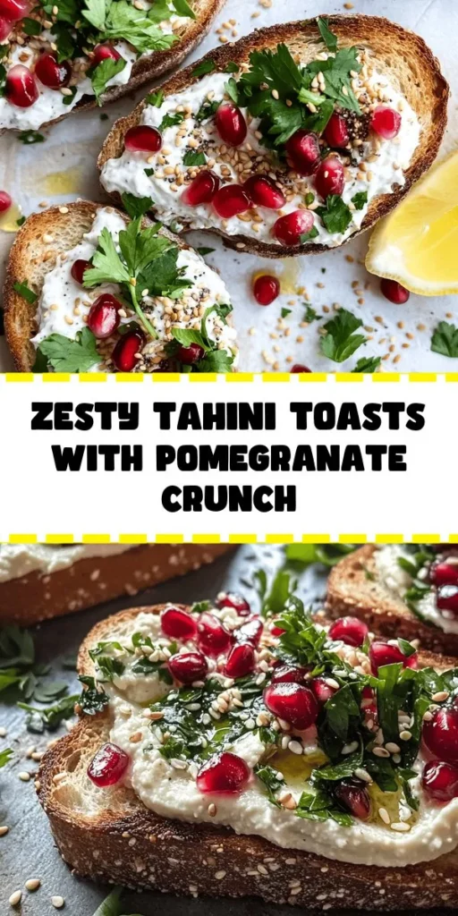 Elevate your snack time with these Crunchy Tahini Toasts featuring a zesty twist! Perfectly toasted whole-grain or sourdough bread is layered with a creamy tahini spread infused with lemon, garlic, and a hint of smoked paprika. Topped with vibrant pomegranate seeds and fresh herbs, these toasts are as delicious as they are beautiful. Drizzle with olive oil for added richness. Enjoy them as a delightful appetizer or a quick snack!