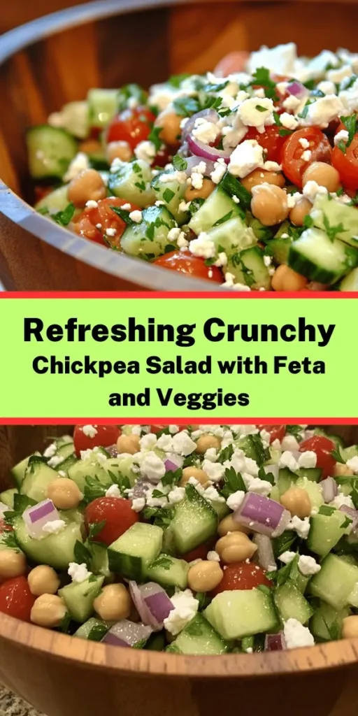 Brighten up your meal with this Crunchy Chickpea Cucumber Salad featuring tangy feta and juicy tomatoes! Perfect for lunch or as a refreshing side dish, this easy recipe combines healthy ingredients like chickpeas, cucumber, cherry tomatoes, and red onion, all tossed in a simple olive oil dressing. Ready in just 30 minutes, it’s a delicious way to enjoy vibrant flavors. Serve chilled or at room temperature for a delightful treat!