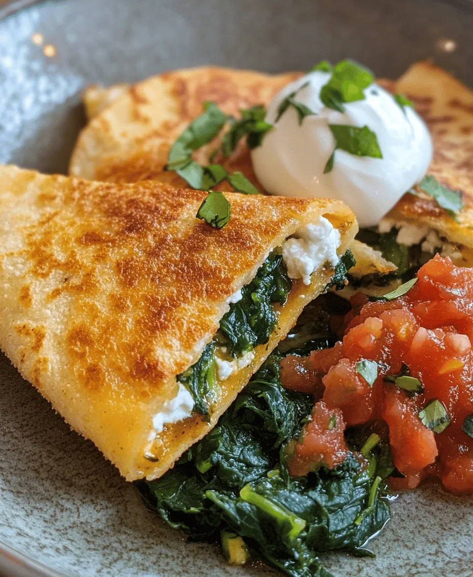 Quesadillas have firmly established themselves as a beloved staple in various cuisines, celebrated for their versatility and ability to be whipped up in no time. Whether served as a quick snack, a satisfying meal, or a party appetizer, quesadillas have something for everyone. Their simple yet adaptable nature allows cooks to get creative, filling them with just about anything they can imagine. However, today we’re elevating this cherished dish with a nutritious twist by introducing <strong>Spinach & Feta Bliss Quesadillas</strong>. This delightful recipe offers a delicious combination of fresh spinach and tangy feta cheese, making it an excellent option for vegetarians and anyone seeking a lighter meal.” /></p>
</p>
<h3>Tips for Achieving the Right Consistency</h3>
</p>
<p>When preparing Spinach & Feta Bliss Quesadillas, the texture and consistency of the filling are crucial for creating a satisfying dish. Mixing cheeses with sautéed vegetables effectively balances moisture and flavor. Here are some tips to help you achieve the perfect consistency:</p>
</p>
<p>1. <strong>Properly Sauté Vegetables</strong>: Begin by sautéing the spinach and any additional vegetables (like onions or bell peppers) until they are wilted and their moisture has evaporated. This prevents the quesadilla from becoming soggy.</p>
</p>
<p>2. <strong>Combine Cheeses</strong>: The combination of crumbled feta and shredded mozzarella is key to a creamy filling. Feta brings a tangy flavor while mozzarella adds stretchiness. Mix the cheeses in a bowl, and then fold in the sautéed vegetables. This ensures that the flavors meld together and that each bite is balanced.</p>
</p>
<p>3. <strong>Avoid Overmixing</strong>: While it’s important to combine the ingredients, overmixing can lead to a pasty consistency. Mix just until the ingredients are evenly distributed.</p>
</p>
<h3>Assembling the Quesadillas</h3>
</p>
<p>Assembling the quesadillas is an art form that requires attention to detail to ensure a perfect outcome. Here’s how to do it:</p>
</p>
<p>1. <strong>Folding Technique</strong>: To create a perfect half-moon shape, lay one tortilla flat on a clean surface. Spoon an even layer of the filling onto one half of the tortilla, leaving a border around the edge for easier handling and sealing.</p>
</p>
<p>2. <strong>Even Portioning</strong>: Use a measuring cup or spoon to portion the filling evenly across the tortillas. This ensures that each quesadilla has the same amount of filling, which helps with even cooking and consistent flavor throughout.</p>
</p>
<p>3. <strong>Seal the Edges</strong>: After folding the tortilla, gently press the edges together to seal. You can use your fingers or a fork to crimp the edges, which helps keep the filling from spilling out during cooking.</p>
</p>
<h3>Cooking the Quesadillas</h3>
</p>
<p>Cooking the quesadillas correctly is essential for achieving a crispy exterior while maintaining a melty interior. Here are some cooking tips:</p>
</p>
<p>1. <strong>Medium Heat</strong>: Preheat your skillet or frying pan over medium heat. Cooking at this temperature allows the tortillas to crisp up without burning while giving the cheese enough time to melt.</p>
</p>
<p>2. <strong>Cooking Time</strong>: Cook each quesadilla for about 3-4 minutes on one side, or until golden brown, then carefully flip and repeat on the other side. If you prefer a crunchier quesadilla, you can add a little more oil or butter to the pan when flipping.</p>
</p>
<p>3. <strong>Alternative Cooking Methods</strong>: For those who prefer to cook using different tools, a griddle or sandwich press can also yield excellent results. A griddle can accommodate multiple quesadillas at once, while a sandwich press can provide an evenly cooked and perfectly pressed quesadilla.</p>
</p>
<h3>Serving Suggestions and Pairings</h3>
</p>
<p>To elevate your Spinach & Feta Bliss Quesadillas, consider these serving suggestions:</p>
</p>
<h4>Presentation Ideas</h4>
</p>
<p>– <strong>Plating Options</strong>: Serve the quesadillas cut into wedges on a colorful plate. Arrange the wedges in a fan shape for visual appeal. This not only enhances the presentation but also makes them easier to pick up for guests.</p>
</p>
<p>– <strong>Garnishing</strong>: Fresh herbs or microgreens, such as cilantro or basil, can add a vibrant touch. Sprinkle these on top of the quesadillas before serving to enhance both the flavor and visual appeal.</p>
</p>
<h4>Accompaniments</h4>
</p>
<p>– <strong>Dipping Sauces</strong>: Popular dipping sauces like sour cream, salsa, or guacamole complement the quesadillas wonderfully. A zesty tomatillo salsa or a smoky chipotle sauce can add an extra layer of flavor.</p>
</p>
<p>– <strong>Side Dish Options</strong>: Pair your quesadillas with a light side salad or roasted vegetables. A simple arugula salad dressed with lemon vinaigrette or roasted cherry tomatoes can balance the richness of the quesadillas and make for a well-rounded meal.</p>
</p>
<h3>Nutritional Benefits of Spinach & Feta Bliss Quesadillas</h3>
</p>
<p>The Spinach & Feta Bliss Quesadillas not only deliver on flavor but also bring a host of nutritional benefits:</p>
</p>
<h4>Caloric Overview</h4>
</p>
<p>Each serving of these quesadillas typically contains around 300-350 calories, making them a suitable option for a light meal. When paired with healthy sides, they can serve as a filling yet nutritious lunch or dinner.</p>
</p>
<h4>Nutrient Breakdown</h4>
</p>
<p>Spinach is a powerhouse of nutrients, packed with vitamins A, C, and K, as well as iron and magnesium. Feta cheese, while higher in sodium, provides calcium and protein, enhancing the overall nutritional profile of the dish. Together, they contribute to a healthy, balanced meal.</p>
</p>
<h4>Vegetarian Appeal</h4>
</p>
<p>As a vegetarian-friendly recipe, Spinach & Feta Bliss Quesadillas appeal to those seeking meatless meal options. They are not only satisfying but also provide a great source of plant-based nutrients, making them an excellent choice for vegetarians and anyone looking to reduce meat consumption.</p>
</p>
<h3>Conclusion</h3>
</p>
<p>In summary, Spinach & Feta Bliss Quesadillas are a delightful dish that offers a perfect blend of flavors and textures. Their ease of preparation and versatility make them suitable for various occasions, from casual lunches to elegant dinners. With the right techniques for assembling and cooking, along with thoughtful presentation and pairing suggestions, these quesadillas can be a showstopper at any meal.</p>
</p>
<p>The nutritional benefits further enhance their appeal, making them a guilt-free indulgence that is both delicious and wholesome. Encourage your family and friends to try this recipe and savor the delightful flavors that these quesadillas have to offer. Enjoy creating a dish that is sure to impress and satisfy!</p>
<div id=