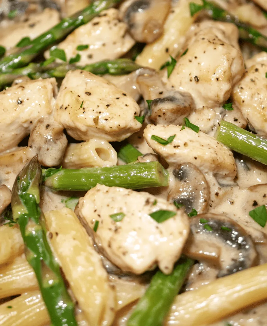When it comes to comfort food that pleases the palate, few dishes can rival the creamy richness of a well-prepared pasta. One such dish that has captured hearts and appetites alike is the <strong>Creamy Mushroom and Asparagus Chicken Penne</strong>. This delightful pasta dish combines tender chicken, fresh asparagus, and earthy mushrooms enveloped in a luxurious creamy sauce, making it a comforting and satisfying meal perfect for any occasion.” /></p>
</p>
<h3>Nutritional Analysis of Creamy Mushroom and Asparagus Chicken Penne</h3>
</p>
<p>When it comes to enjoying a hearty dish like Creamy Mushroom and Asparagus Chicken Penne, it’s essential to consider its nutritional composition. This recipe is not only satisfying but also offers a well-rounded balance of macronutrients.</p>
</p>
<p><strong>Calories, Protein, Carbs, and Fats Per Serving</strong></p>
</p>
<p>A typical serving of Creamy Mushroom and Asparagus Chicken Penne (approximately 1.5 cups) contains:</p>
</p>
<p>– <strong>Calories</strong>: 550</p>
<p>– <strong>Protein</strong>: 30 grams</p>
<p>– <strong>Carbohydrates</strong>: 65 grams</p>
<p>– <strong>Fats</strong>: 20 grams</p>
</p>
<p>This nutritional profile highlights the dish as a substantial meal that can fuel your day while providing a good source of protein from the chicken and a healthy dose of vegetables.</p>
</p>
<p><strong>Health Benefits of Asparagus and Mushrooms</strong></p>
</p>
<p>In addition to being delicious, the main ingredients—mushrooms and asparagus—bring significant health benefits to the table:</p>
</p>
<p>– <strong>Asparagus</strong>: This vegetable is packed with vitamins A, C, E, and K, as well as fiber, folate, and antioxidants. It’s known to support digestive health, enhance skin health, and may even aid in reducing blood pressure due to its potassium content.</p>
</p>
<p>– <strong>Mushrooms</strong>: These fungi are low in calories yet rich in essential nutrients, including B vitamins, selenium, and antioxidants. They contribute to immune support and may help lower cholesterol levels.</p>
</p>
<p>Incorporating such nutrient-dense ingredients into your meals not only enhances flavor but also supports a balanced diet.</p>
</p>
<p><strong>Portion Control and Healthier Modifications</strong></p>
</p>
<p>While this dish is undeniably delicious, practicing portion control is essential, especially if you’re mindful of your caloric intake. Here are some tips for enjoying this meal while keeping it healthy:</p>
</p>
<p>– <strong>Use Lighter Cream</strong>: Instead of heavy cream, consider using half-and-half or a light cream alternative to reduce calories and fat content without sacrificing creaminess.</p>
</p>
<p>– <strong>Whole Grain Pasta</strong>: Opt for whole grain penne instead of traditional white pasta. This switch adds fiber and can help keep you feeling fuller for longer while also aiding in digestion.</p>
</p>
<h3>Serving Suggestions and Variations</h3>
</p>
<p>To elevate your dining experience, consider these serving suggestions and variations that cater to different dietary preferences:</p>
</p>
<p><strong>Complementary Side Dishes</strong></p>
</p>
<p>Pairing your Creamy Mushroom and Asparagus Chicken Penne with the right sides can enhance the meal:</p>
</p>
<p>– <strong>Salads</strong>: A fresh, crisp salad with mixed greens, cherry tomatoes, and a light vinaigrette complements the richness of the pasta beautifully. The acidity of the dressing can balance the creaminess of the dish.</p>
</p>
<p>– <strong>Bread</strong>: Serve with warm garlic bread or crusty baguette slices to soak up the creamy sauce. Alternatively, a slice of focaccia drizzled with olive oil can add a delightful touch.</p>
</p>
<p>– <strong>Light Appetizers</strong>: Consider starting with a simple vegetable platter or bruschetta topped with diced tomatoes, basil, and balsamic glaze to set a light tone for the meal.</p>
</p>
<p><strong>Dietary Variations</strong></p>
</p>
<p>This recipe is versatile and can easily be adapted for various dietary needs:</p>
</p>
<p>– <strong>Vegetarian Option</strong>: Substitute the chicken with plant-based protein such as grilled tofu or tempeh. You can also add more vegetables like bell peppers or zucchini to maintain a hearty texture.</p>
</p>
<p>– <strong>Gluten-Free Alternative</strong>: For those with gluten sensitivities, using gluten-free penne pasta allows you to enjoy this dish without compromising on taste or texture.</p>
</p>
<p>– <strong>Spice Lovers</strong>: If you enjoy a bit of heat, add red pepper flakes to the sauce. Start with a pinch and adjust according to your spice tolerance for a delightful kick.</p>
</p>
<h3>Storage and Reheating Tips</h3>
</p>
<p>To ensure that your Creamy Mushroom and Asparagus Chicken Penne remains fresh and flavorful, follow these storage and reheating practices:</p>
</p>
<p><strong>Best Practices for Storing Leftovers</strong></p>
</p>
<p>– <strong>Refrigerator Storage</strong>: Allow the dish to cool before transferring it to an airtight container. It can be stored in the refrigerator for up to 3 days.</p>
</p>
<p>– <strong>Freezer Storage</strong>: For longer storage, place the pasta in a freezer-safe container. This dish can be frozen for up to 2 months. However, be aware that the texture of the cream sauce may change slightly upon thawing.</p>
</p>
<p><strong>Reheating Methods</strong></p>
</p>
<p>To maintain the dish’s delightful texture and flavor, consider the following reheating methods:</p>
</p>
<p>– <strong>Microwave</strong>: Place a portion in a microwave-safe bowl, cover it with a lid or microwave-safe wrap, and heat on medium power for 1-2 minutes. Stir halfway through to ensure even heating. Add a splash of milk or broth to revive the creaminess if needed.</p>
</p>
<p>– <strong>Stovetop</strong>: For the best results, reheat on the stovetop. Place the pasta in a skillet over medium heat, adding a bit of water or broth to loosen the sauce. Stir frequently until heated through, which helps to retain the dish’s creamy texture.</p>
</p>
<h3>Conclusion</h3>
</p>
<p>Creamy Mushroom and Asparagus Chicken Penne is a delightful culinary creation that brings together vibrant flavors and comforting textures. This dish is perfect for a cozy family dinner, a date night at home, or even meal prep for the week ahead. Its versatility allows it to cater to various dietary needs while remaining simple to prepare.</p>
</p>
<p>With the nutritional benefits of asparagus and mushrooms, along with options for lighter and vegetarian modifications, you can enjoy this dish guilt-free. The combination of creamy sauce, tender chicken, and fresh vegetables creates a wholesome meal that satisfies the palate.</p>
</p>
<p>We encourage you to try this recipe in your kitchen. The simplicity of preparation combined with the delicious outcome makes it a must-have in your recipe repertoire. So gather your ingredients, follow the steps, and indulge in this comforting dish that is sure to become a favorite for you and your loved ones.</p>
<div id=