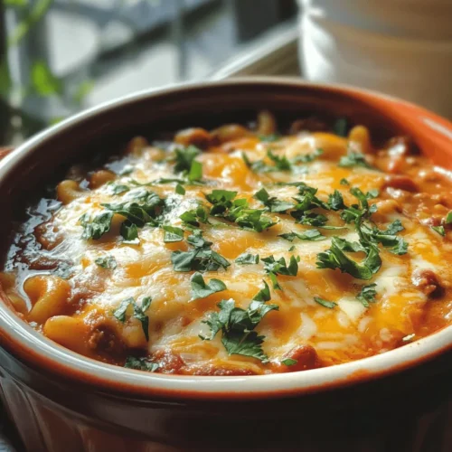 Chili Mac Delight is a dish that beautifully marries the robust flavors of chili with the comforting, familiar textures of macaroni. This hearty recipe is perfect for a cozy family dinner or a lively gathering with friends, making it a versatile option that appeals to all ages. With its combination of ground meat, kidney beans, and a gooey cheese topping, Chili Mac Delight is not only pleasing to the palate but also a nutritious choice packed with protein and fiber.